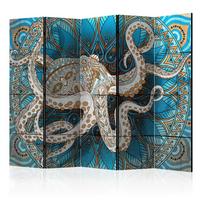 Paravan Zen Octopus I, 5-Delni, Dvostranski - modra/rjava, Moderno, tekstil/les (225/172/3cm) - artgeist