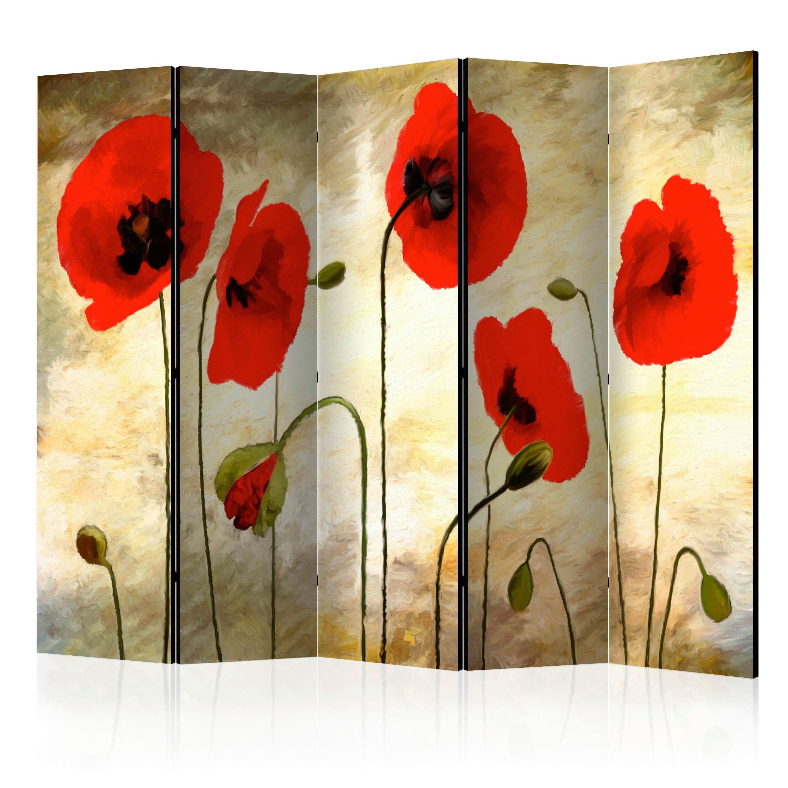 Paravan Golden Field Of Poppies, 5-Delni, Dvostranski - rdeča/rjava, Basics, tekstil/les (225/172/3cm) - artgeist