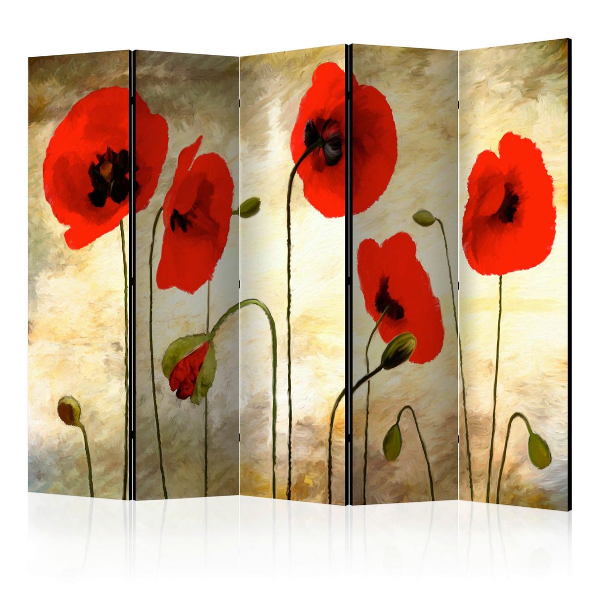 Paravan Golden Field Of Poppies, 5-Delni, Dvostranski - rdeča/rjava, Basics, tekstil/les (225/172/3cm) - artgeist