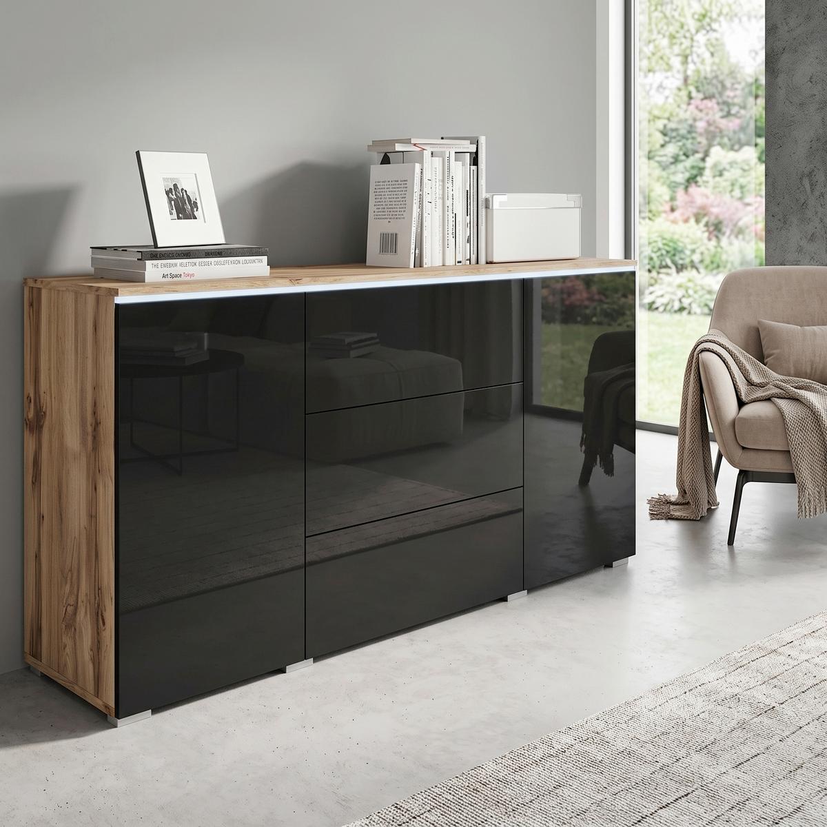 Sideboard Vera mit LED ca. 150 cm Schwarz/Eiche Wotan - Schwarz Hochglanz/Eiche Wotan, LIFESTYLE, Holzwerkstoff/Kunststoff (150/67,9/39,5cm) - P & B