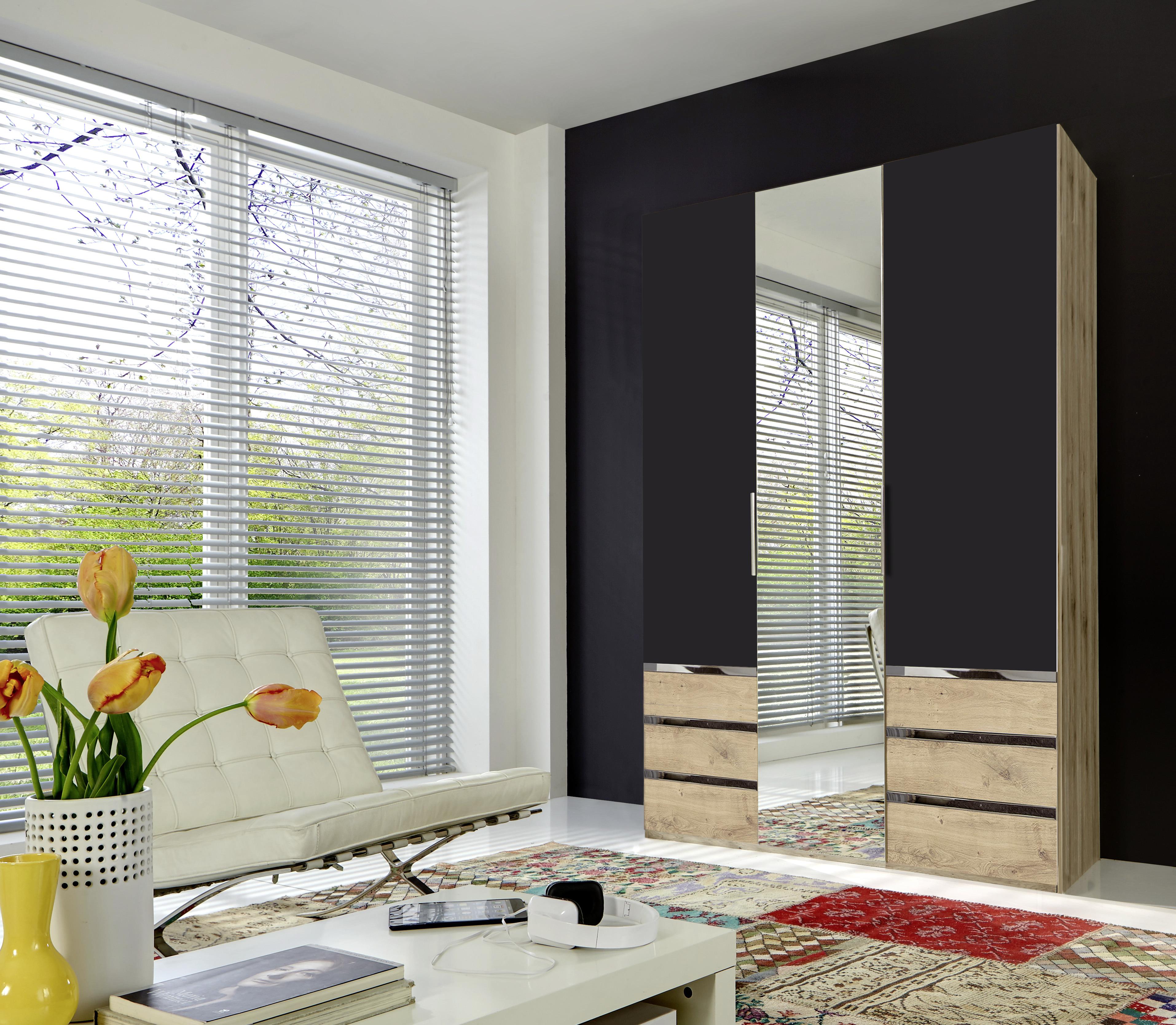 Drehtürenschrank Level 36A mit Spiegel ca.150cm Graphitfarben - Chromfarben/Eichefarben, MODERN, Glas/Holzwerkstoff (150/216/58cm) - MID.YOU