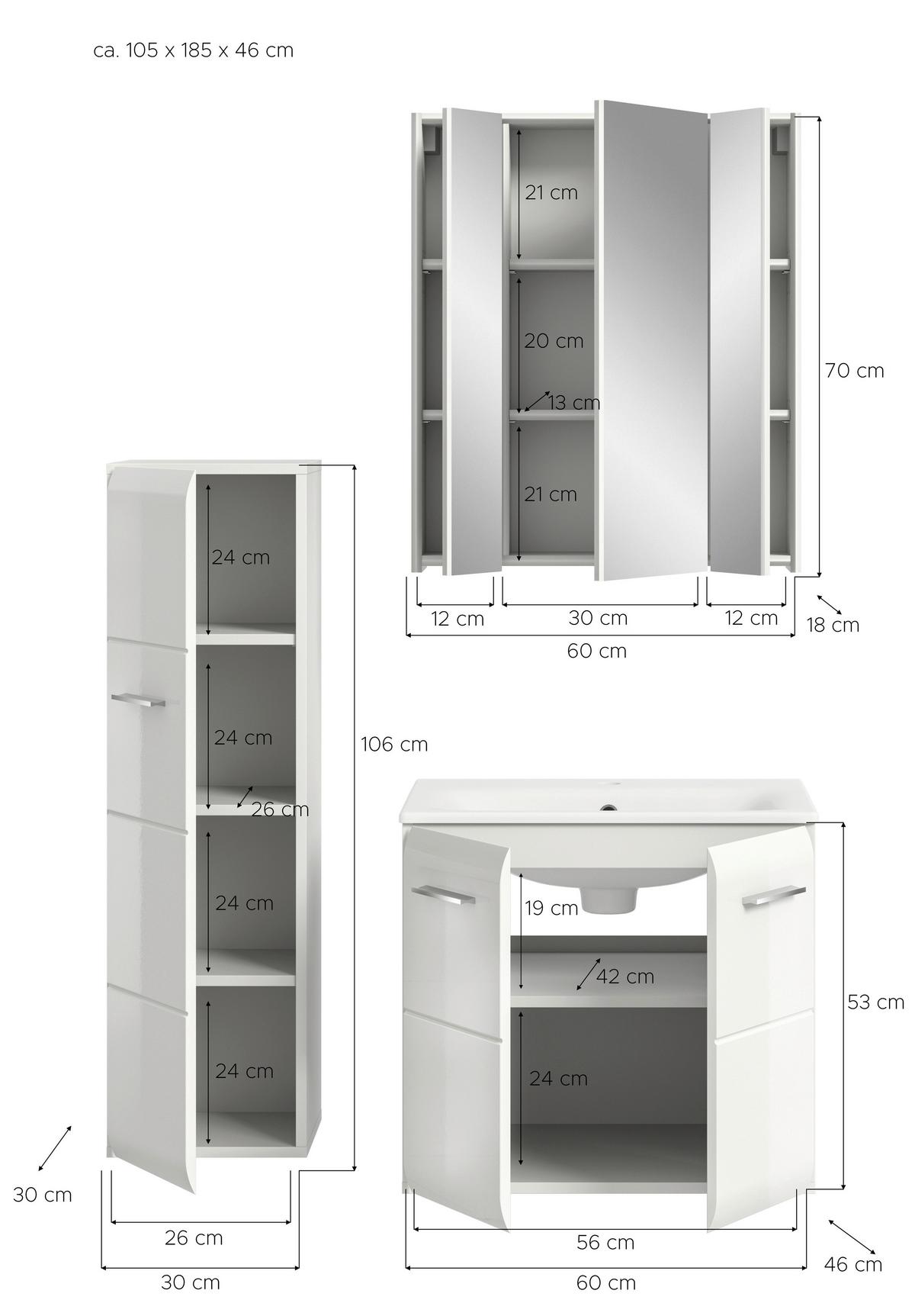 Badezimmer Ice 4-tlg. ca. 90 cm Weiß - Weiß Hochglanz/Silberfarben, MODERN, Keramik/Holzwerkstoff (90cm) - MID.YOU