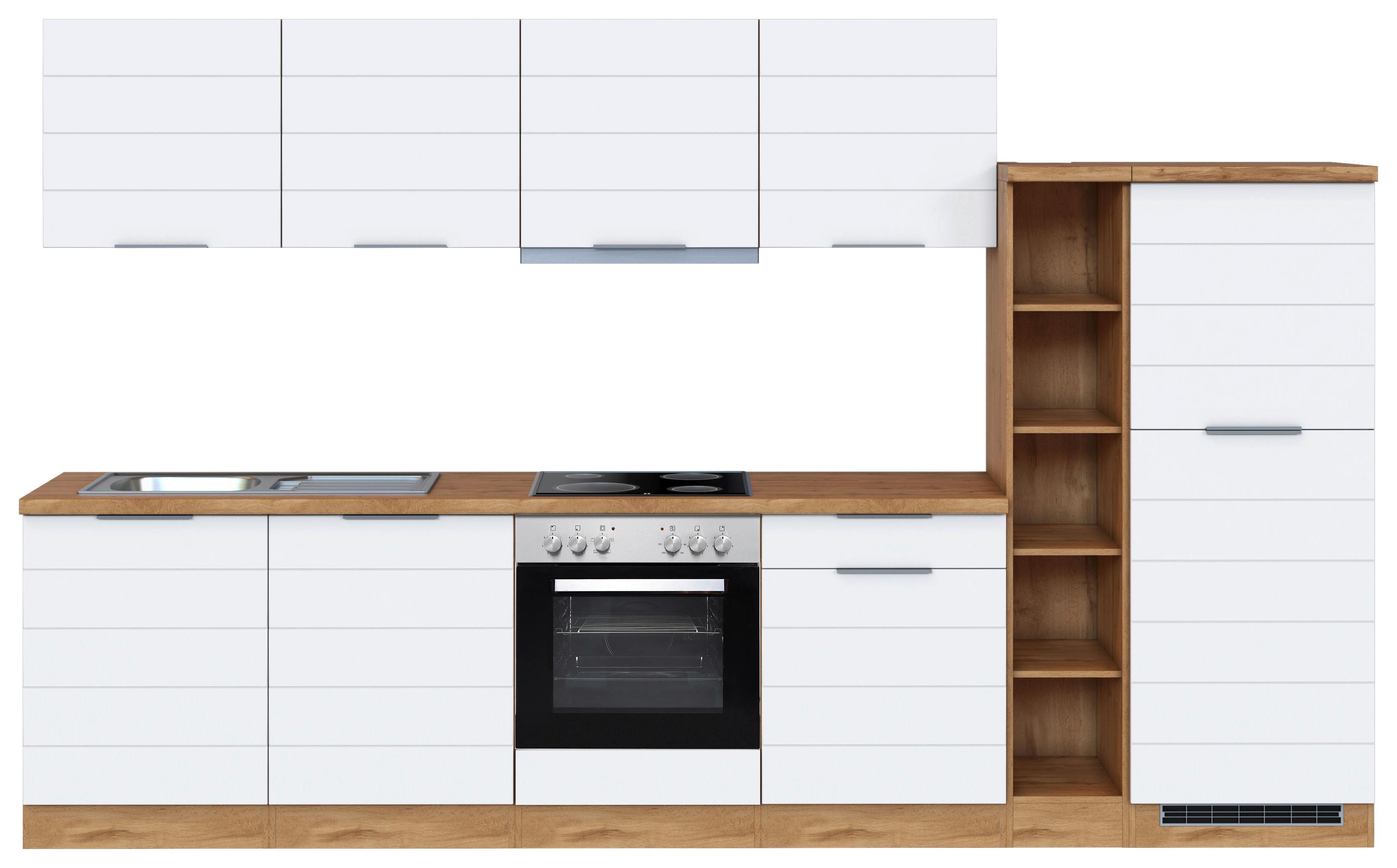 Küchenblock Florenz mit Geräten ca. 330 cm Weiß/Eiche - Eiche Wotan/Weiß, Design, Holzwerkstoff/Metall (330cm) - Held