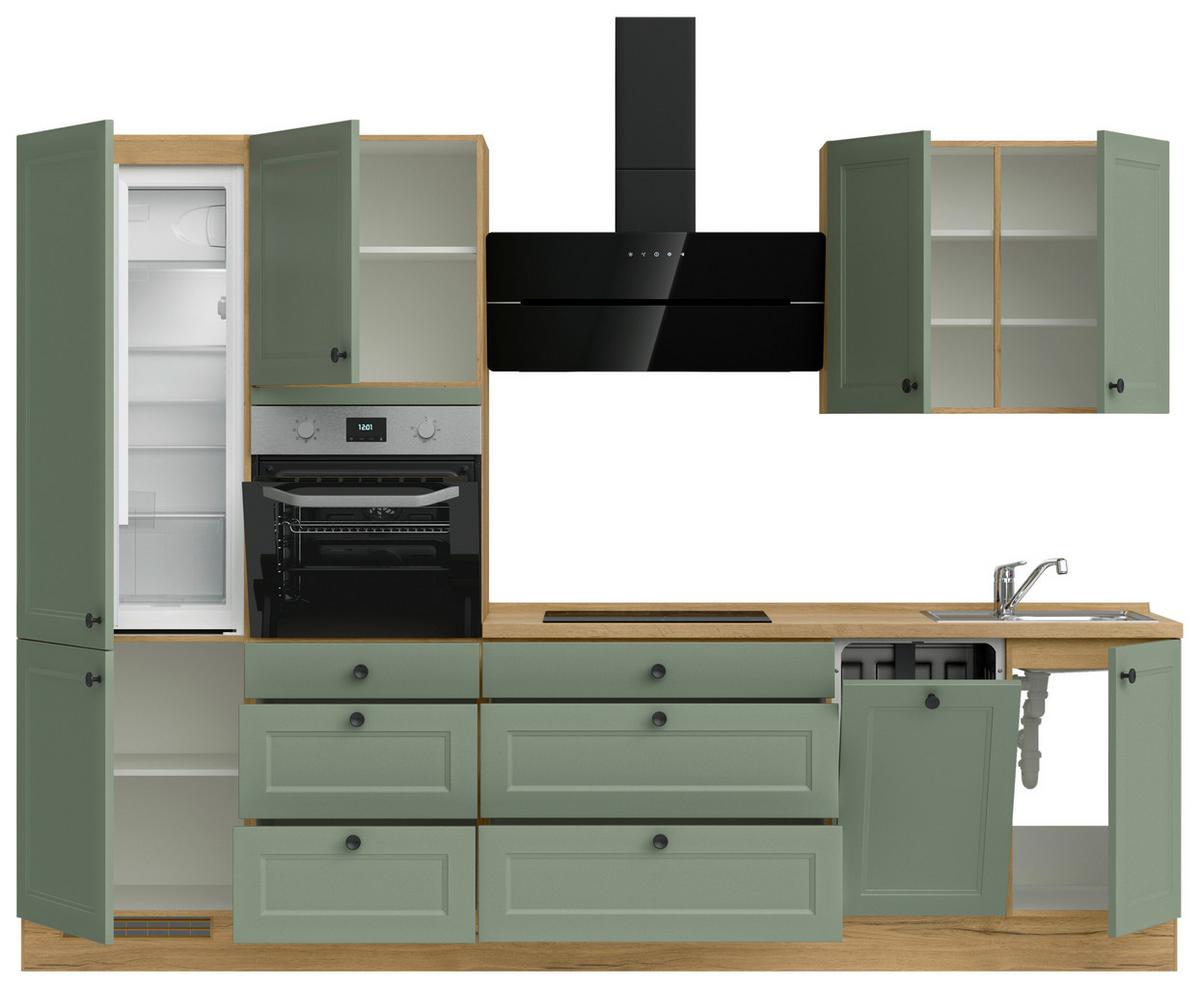 Küchenblock Cascada High m. Geräten Schilfgrün - Schilfgrün/Eichefarben, MODERN, Holzwerkstoff/Metall (300cm) - Nobilia
