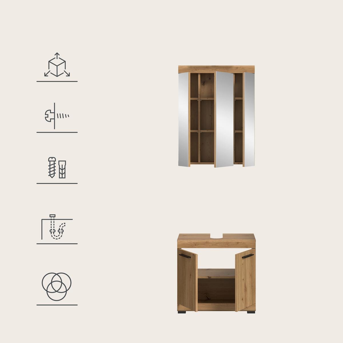 Badezimmer Scout Eiche Artisan 2-teilig - Schwarz/Eiche Artisan, Trend, Glas/Holzwerkstoff (60cm) - MID.YOU
