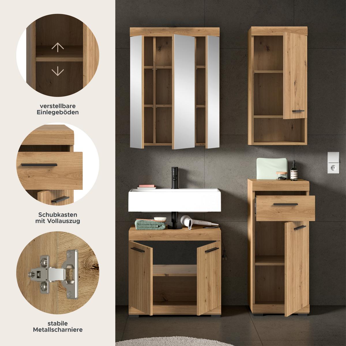 Badezimmer Scout Eiche Artisan 4-teilig - Schwarz/Eiche Artisan, Trend, Glas/Holzwerkstoff (97cm) - MID.YOU