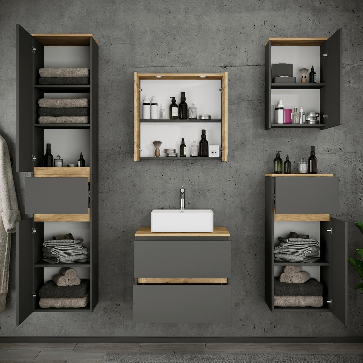 Badezimmer Cosila - Honigeiche/Weiss, Trend, Keramik/Holzwerkstoff (140cm) - MID.YOU