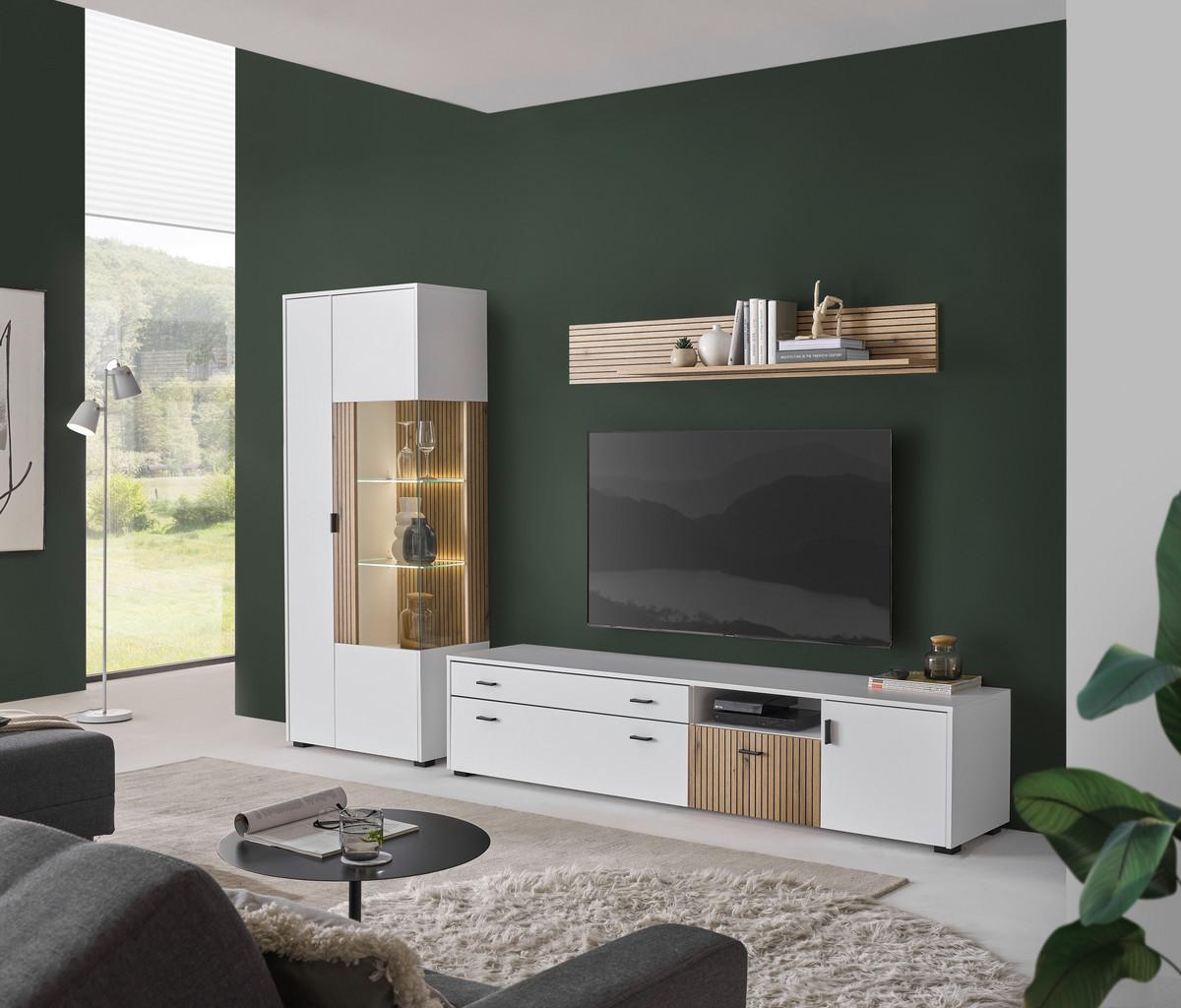 Wohnwand Hudson Weiß/Eichefarben - Eichefarben/Schwarz, Design, Glas/Holzwerkstoff (328/180/42cm) - MID.YOU