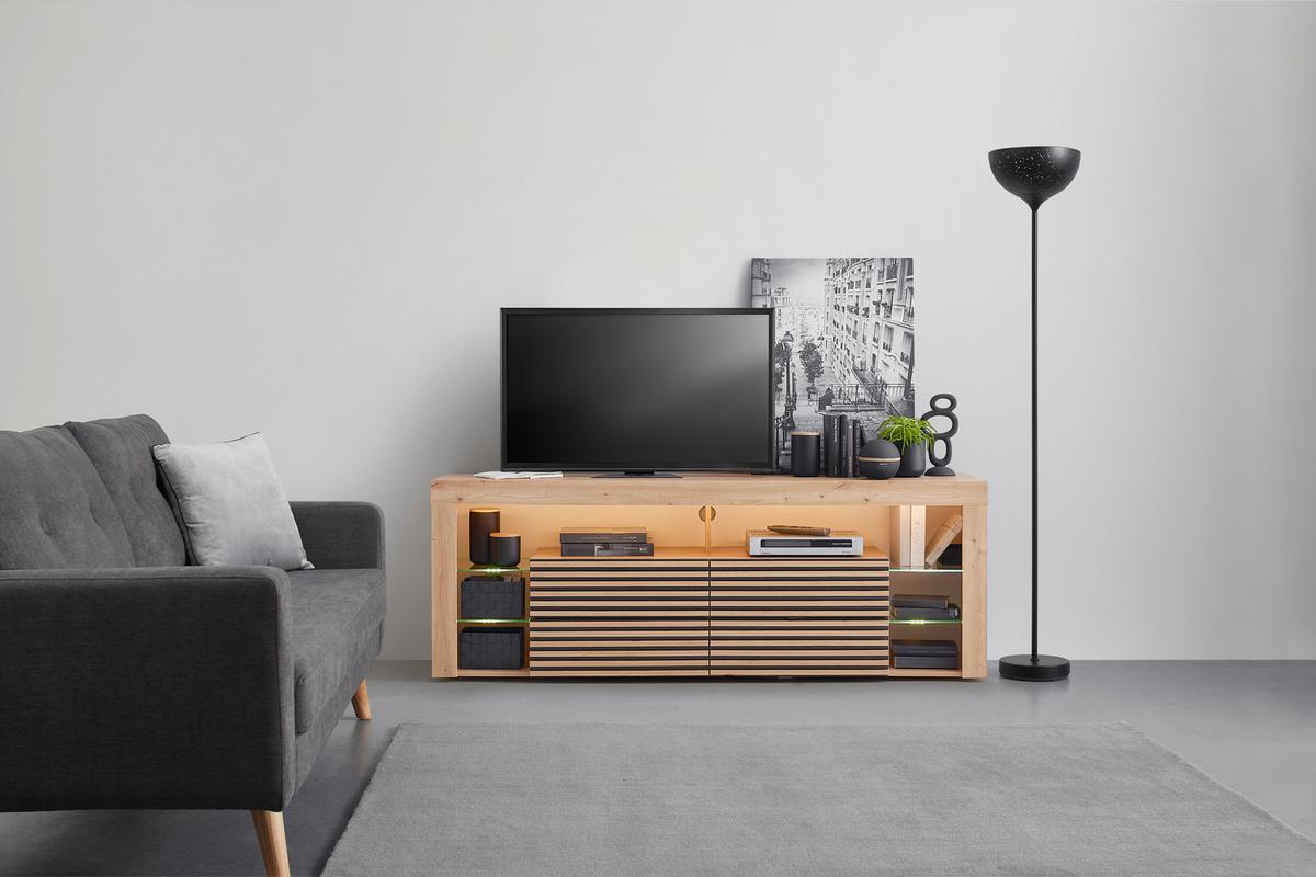 Lowboard Goal 2.0 Eiche Artisan - Schwarz/Eiche Artisan, Modern, Glas/Holzwerkstoff (180/67/44cm) - Mömax