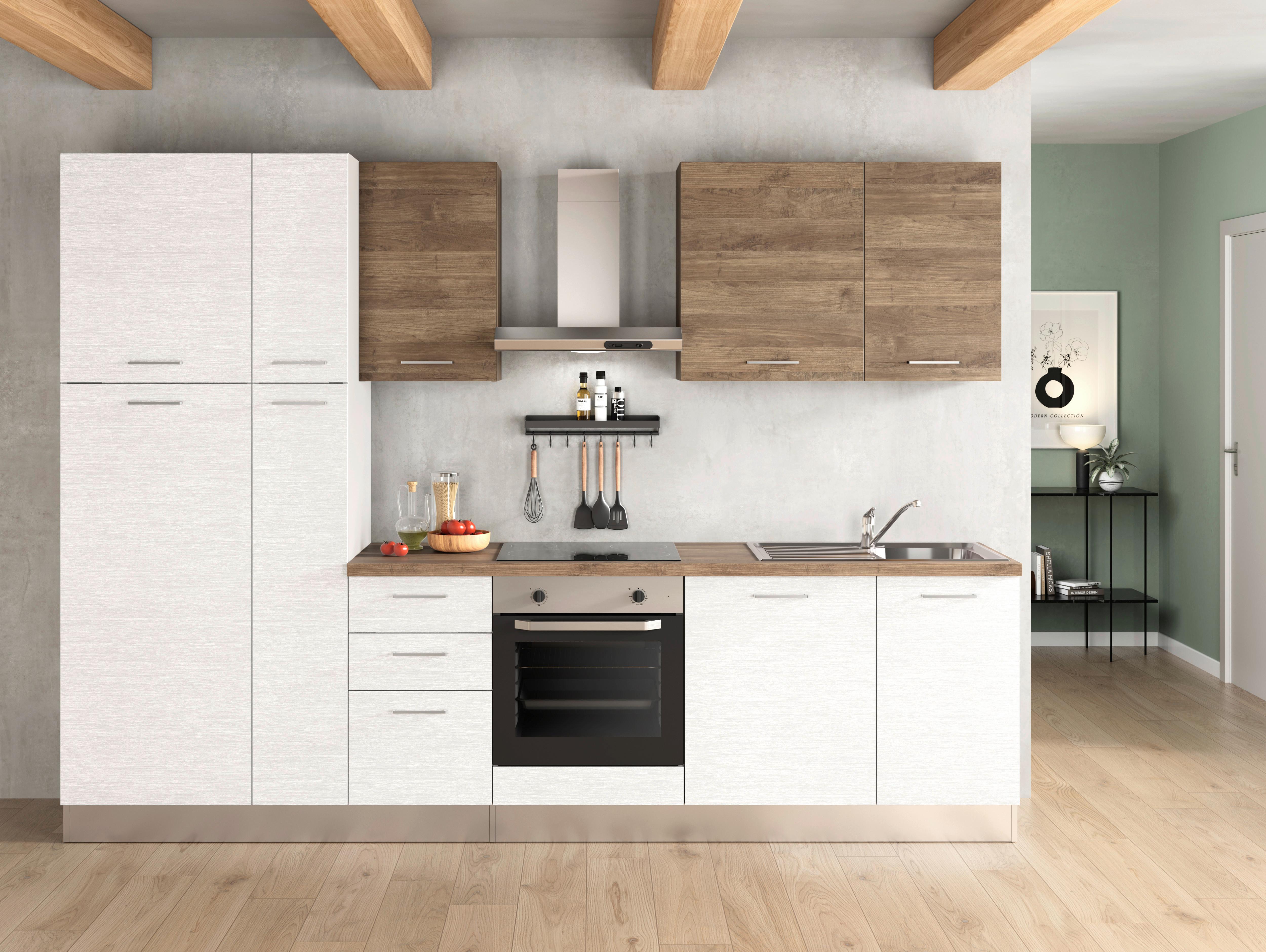 Küchenblock Dafne mit Geräten Weiß/Nussbaum B: ca. 300 cm - Edelstahlfarben/Nussbaumfarben, LIFESTYLE, Holzwerkstoff/Kunststoff (300cm) - MID.YOU