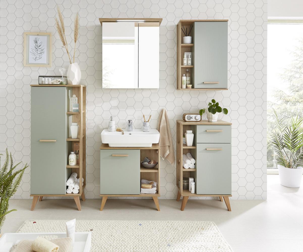 SZAFKA WISZĄCA SALVIE - kolor dębowy/pastelowa zieleń, Design, materiał drewnopochodny/szkło (50,5/74,5/20,5cm) - Xora