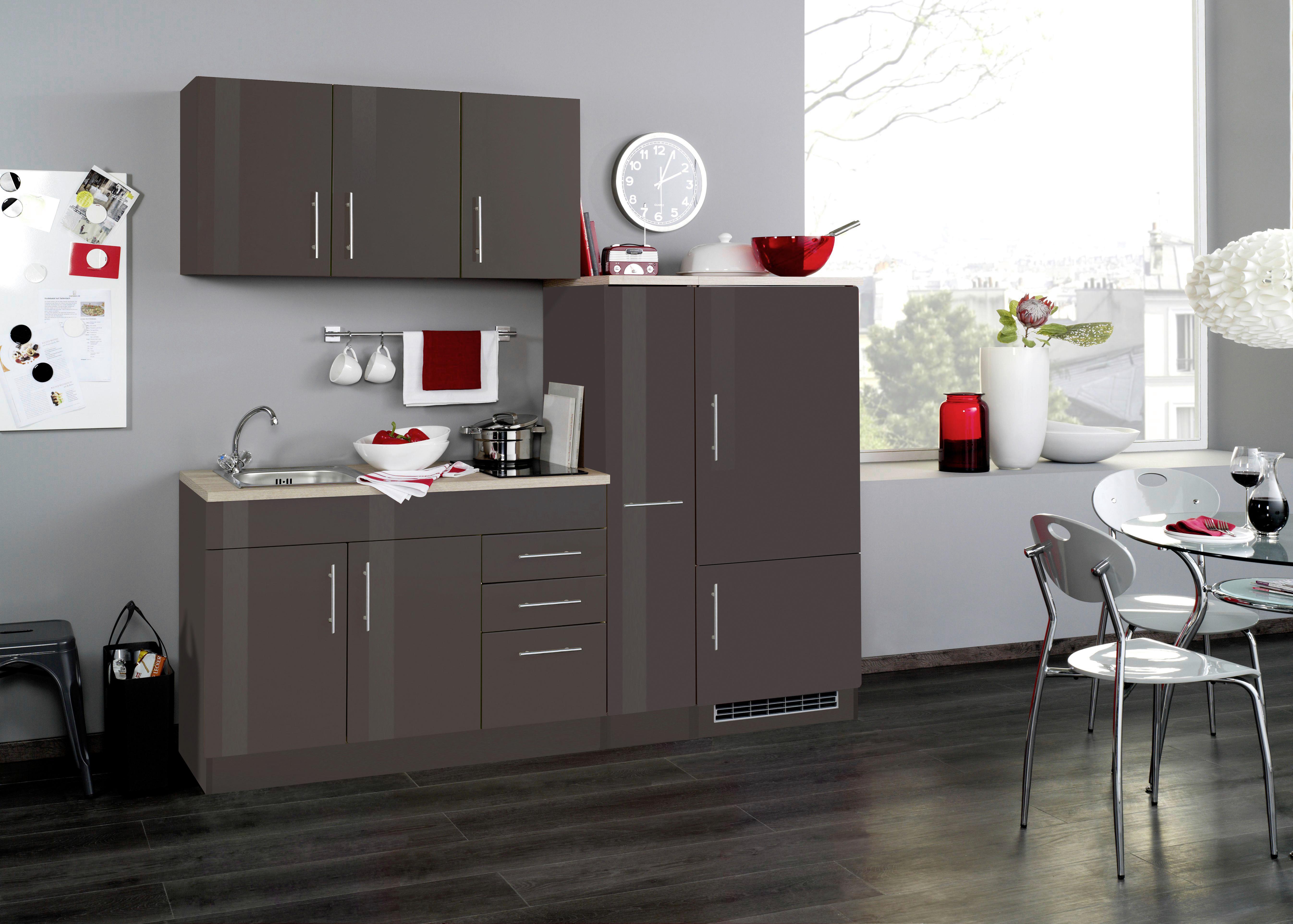 Küchenblock Toronto II m. Geräten Grau Hochglanz - Chromfarben/Grau Hochglanz, MODERN, Holzwerkstoff/Metall (210cm) - Held