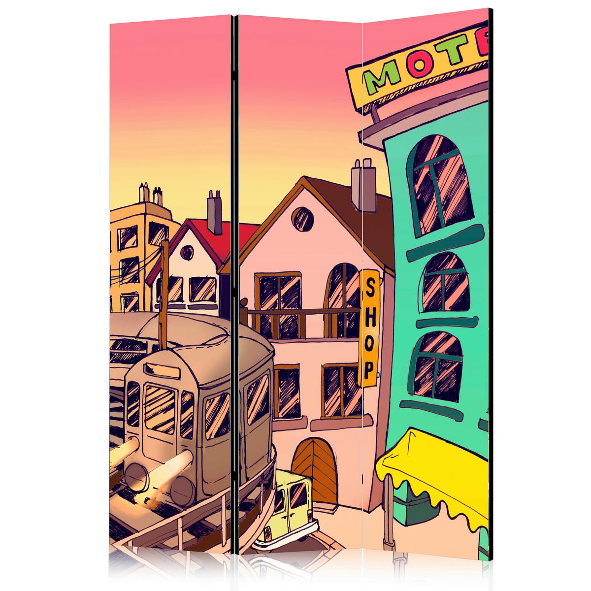 Paravan Morning In A City, 3-Delni, Dvostranski - rumena/pink, Basics, tekstil/les (135/172/3cm) - artgeist