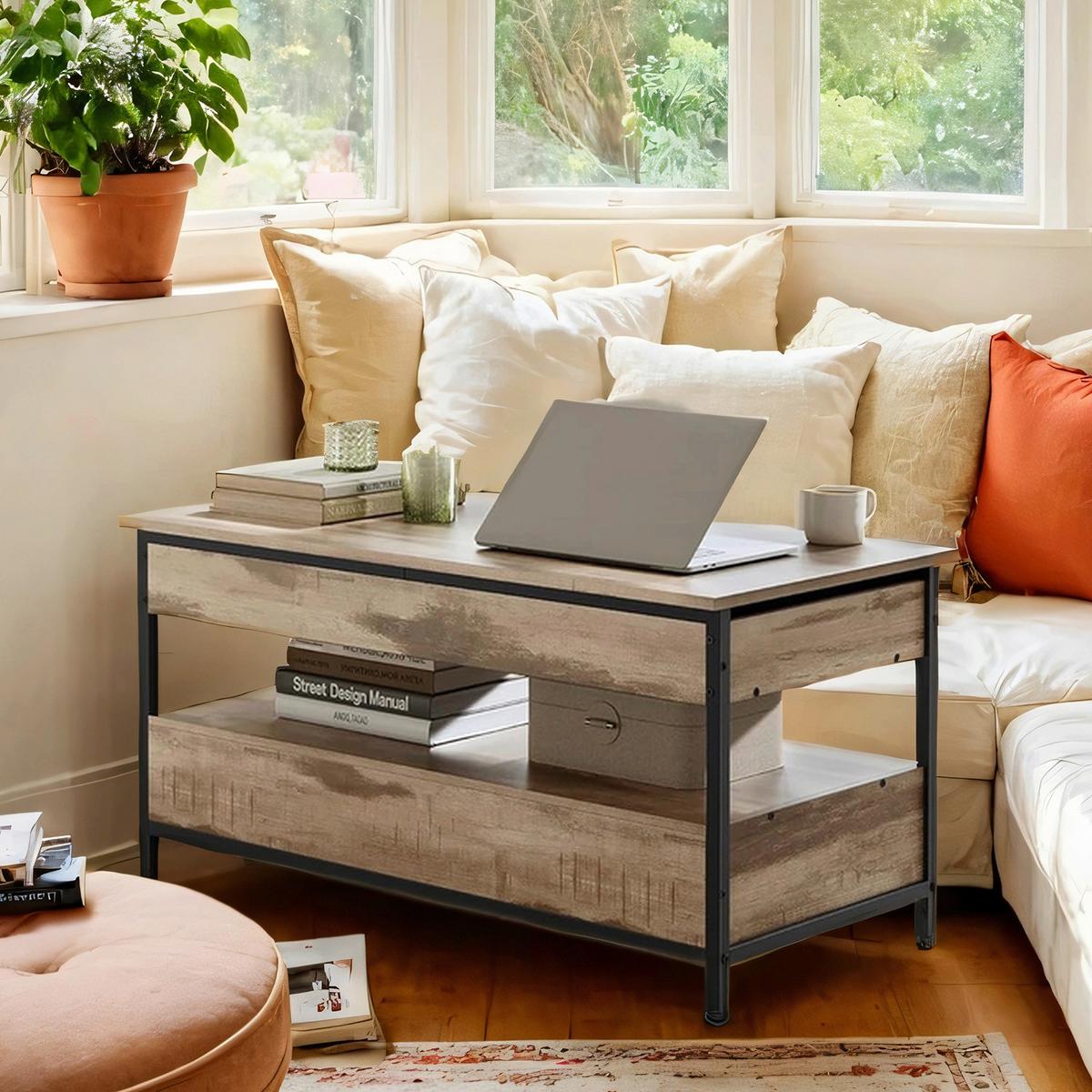 Couchtisch in Schwarz, Hellbraun, rechteckig - Hellbraun/Schwarz, Trend, Holzwerkstoff/Metall (100/50/48-62cm) - MID.YOU