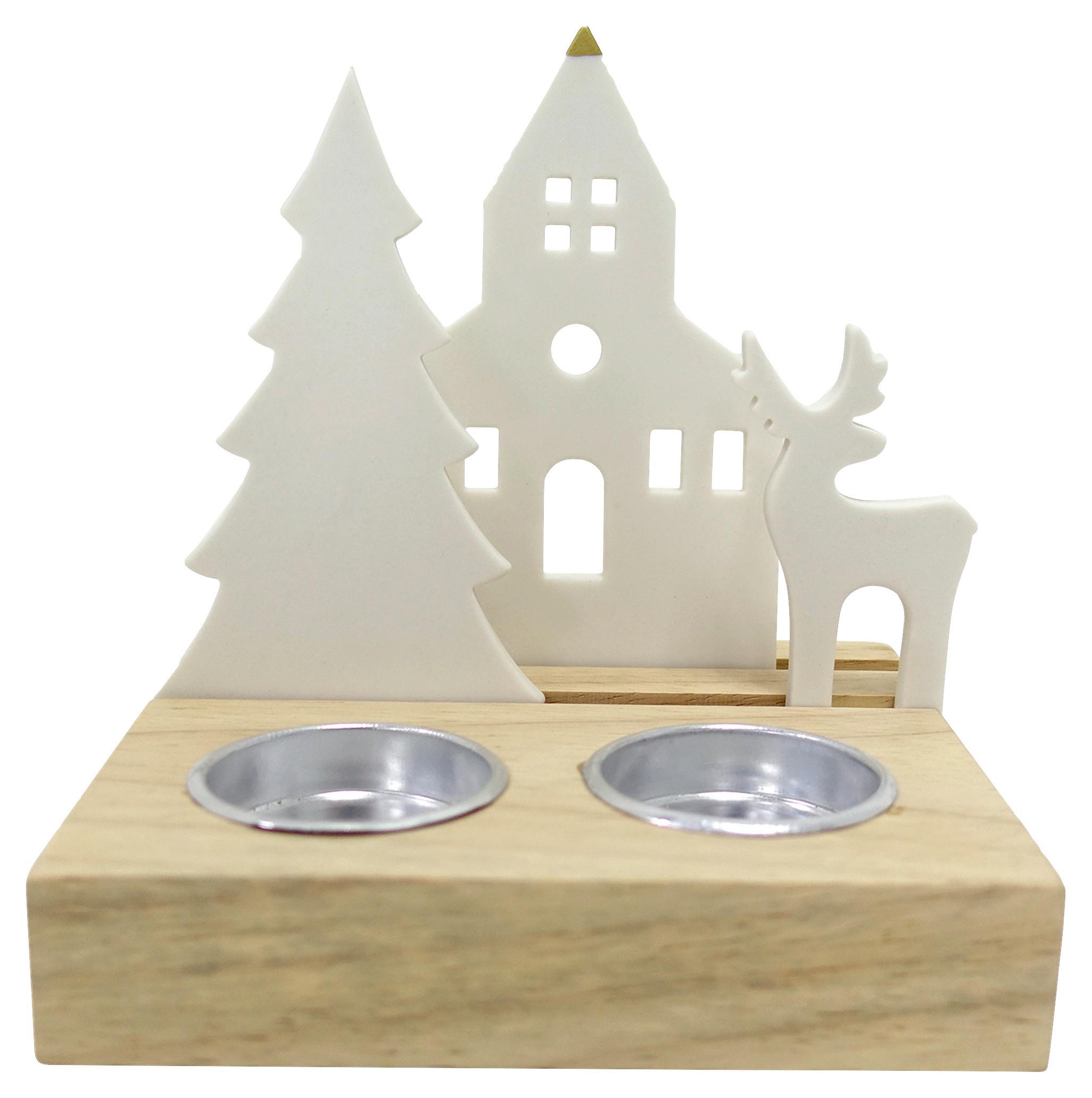 Kerzenhalter Emma Weiss/Naturfarben - Weiss/Naturfarben, Konventionell, Holz/Keramik (12/14,5/14cm) - Modern Living