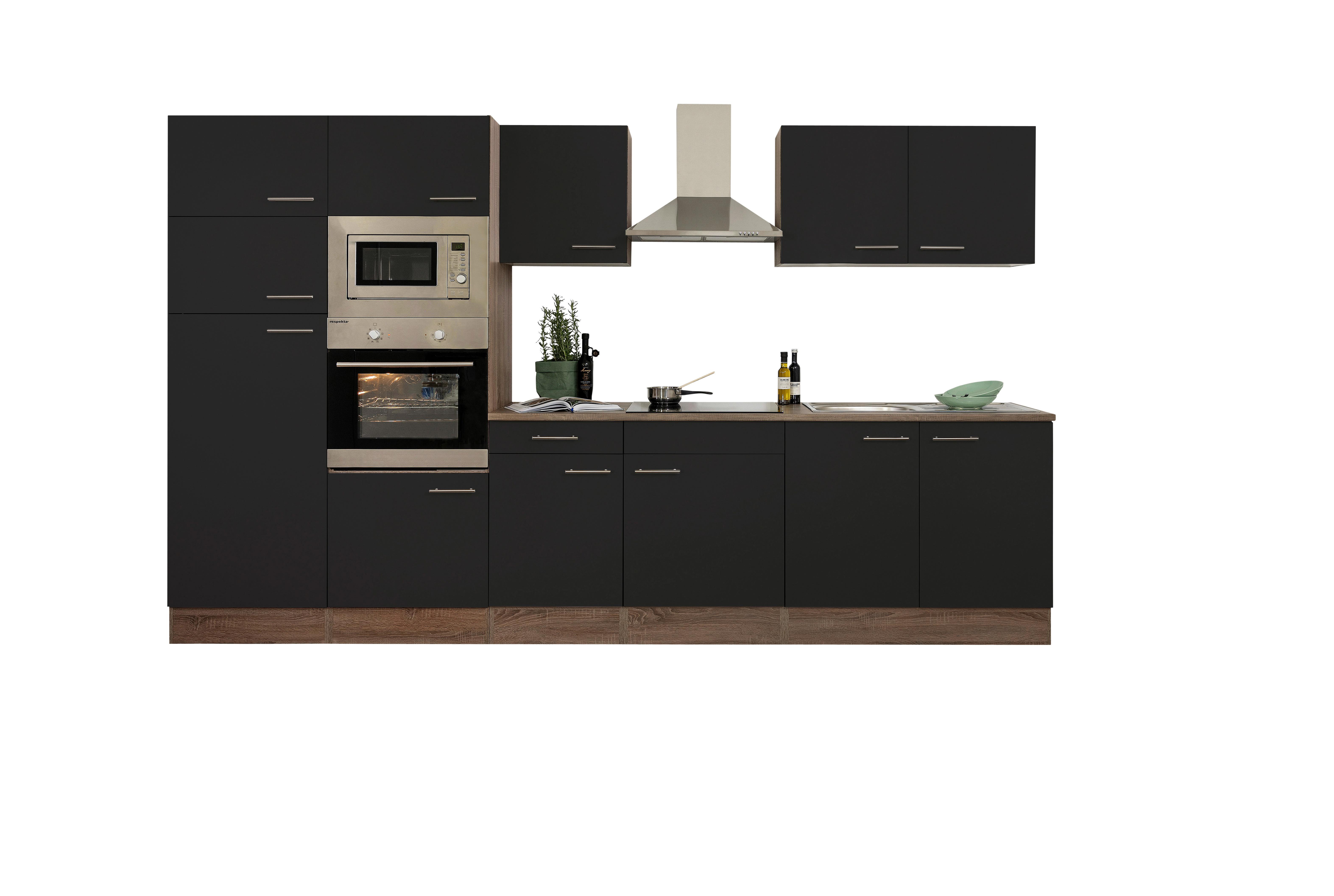 Küchenzeile mit Geräten Eiche farben/Schwarz B: ca. 330 cm - Edelstahlfarben/Eichefarben, Design, Holzwerkstoff/Metall (330cm) - Respekta