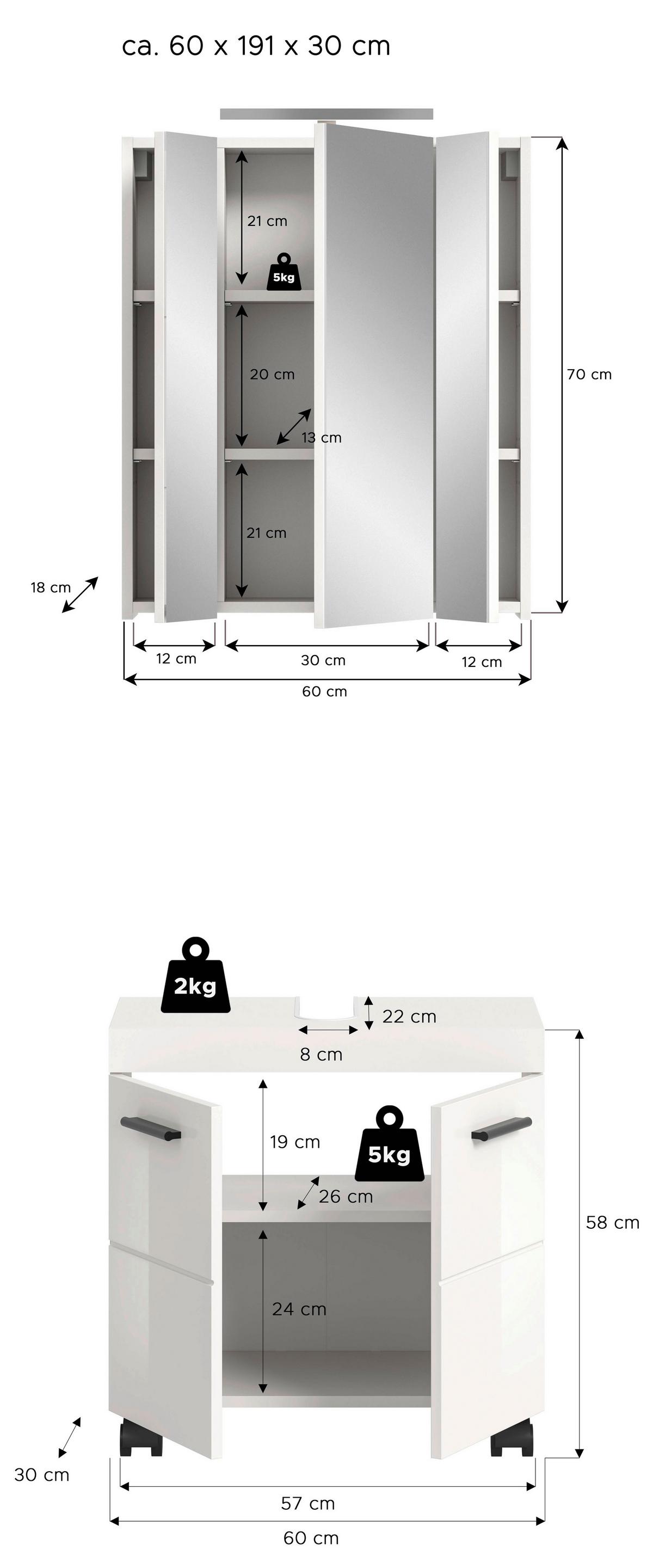 Badezimmer NOVA Weiß, Weiß Hochglanz 2-teilig - Weiß Hochglanz/Schwarz, Trend, Glas/Holzwerkstoff (60cm) - MID.YOU