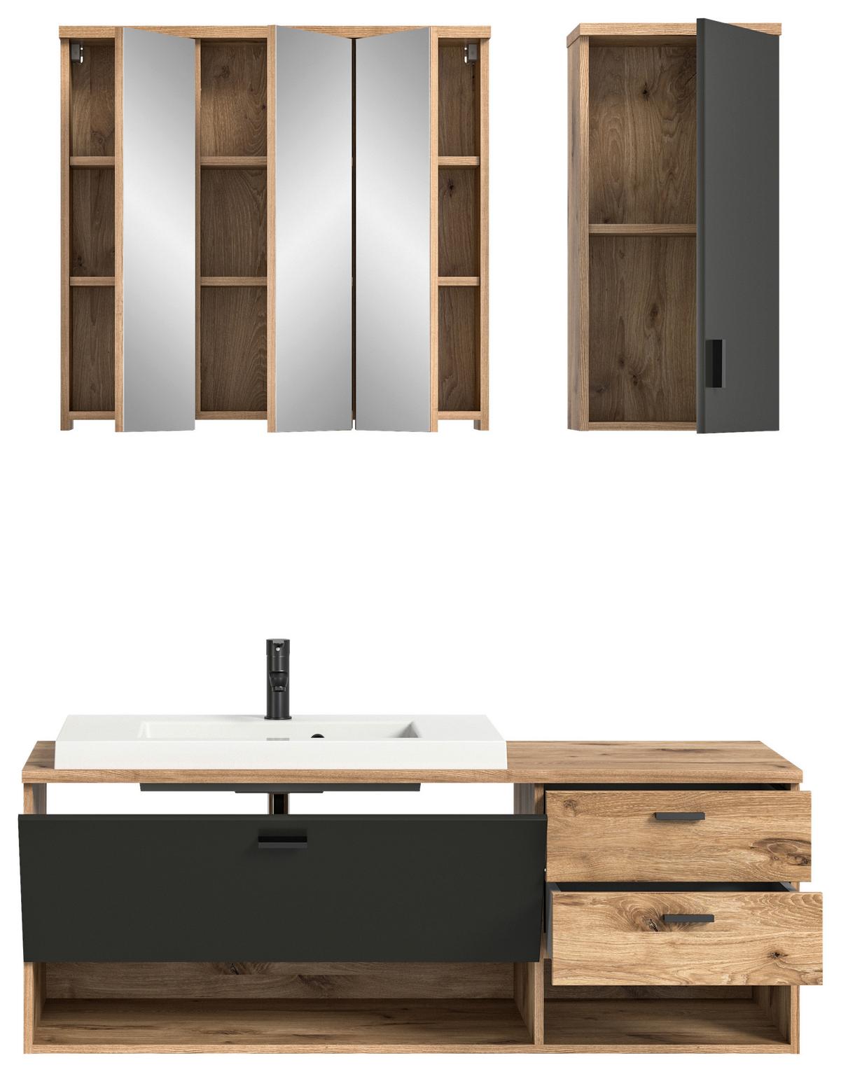Badezimmer Grado 4-tlg. ca. 138 cm Eiche/Grau - Dunkelgrau/Weiß Hochglanz, MODERN, Glas/Keramik (138cm) - MID.YOU