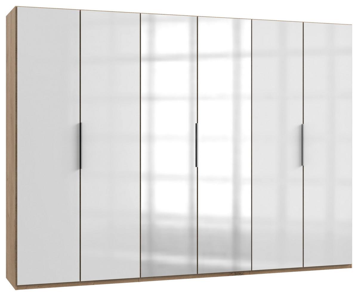 Drehtürenschrank Level 36D mit Spiegel ca. 300 cm Eiche/Weiß - Chromfarben/Weiß Hochglanz, MODERN, Holzwerkstoff (300/216/58cm) - MID.YOU