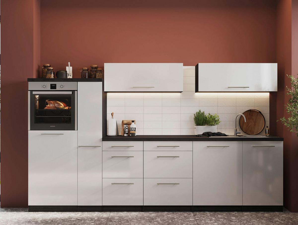 Inselküche Premium Weiss m. Geräten B: ca. 310 cm - Weiß/Grau, Basics, Holzwerkstoff (310/160cm) - Respekta