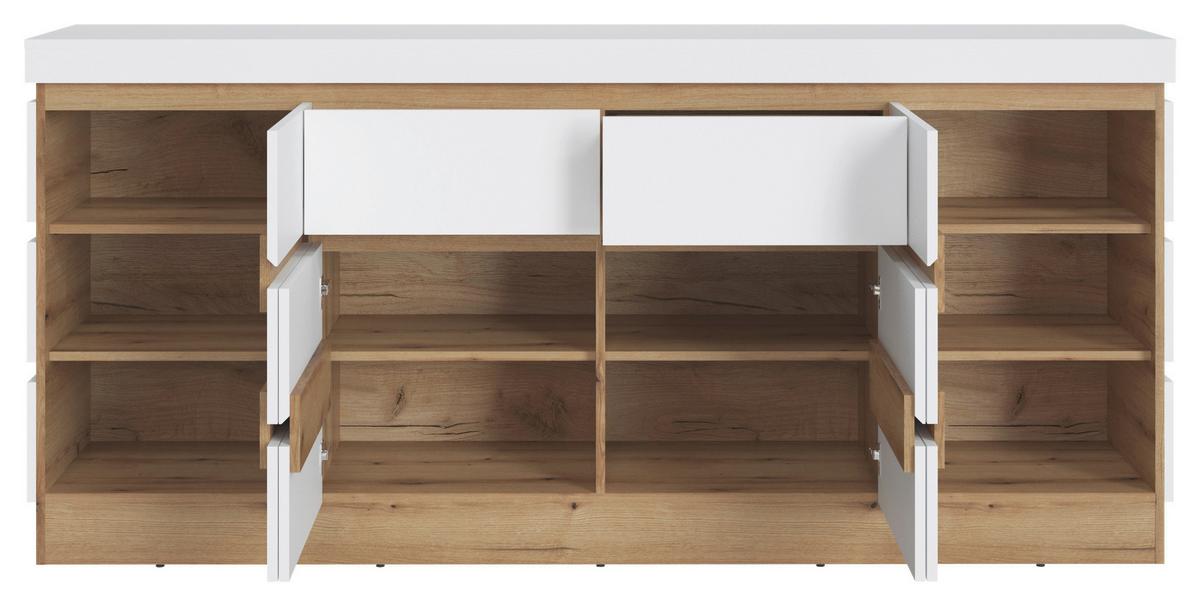 Comodă cu uși CALABRIA - alb/culoare lemn stejar, Trend, material pe bază de lemn (201,2/92,5/45cm) - Modern Living