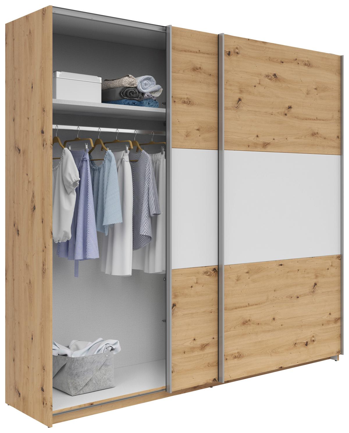 Schwebetürenschrank Saturn in Eiche Artisan/Weiss - Weiss/Eichefarben, Konventionell, Holzwerkstoff/Metall (218/210/59cm) - Mömax