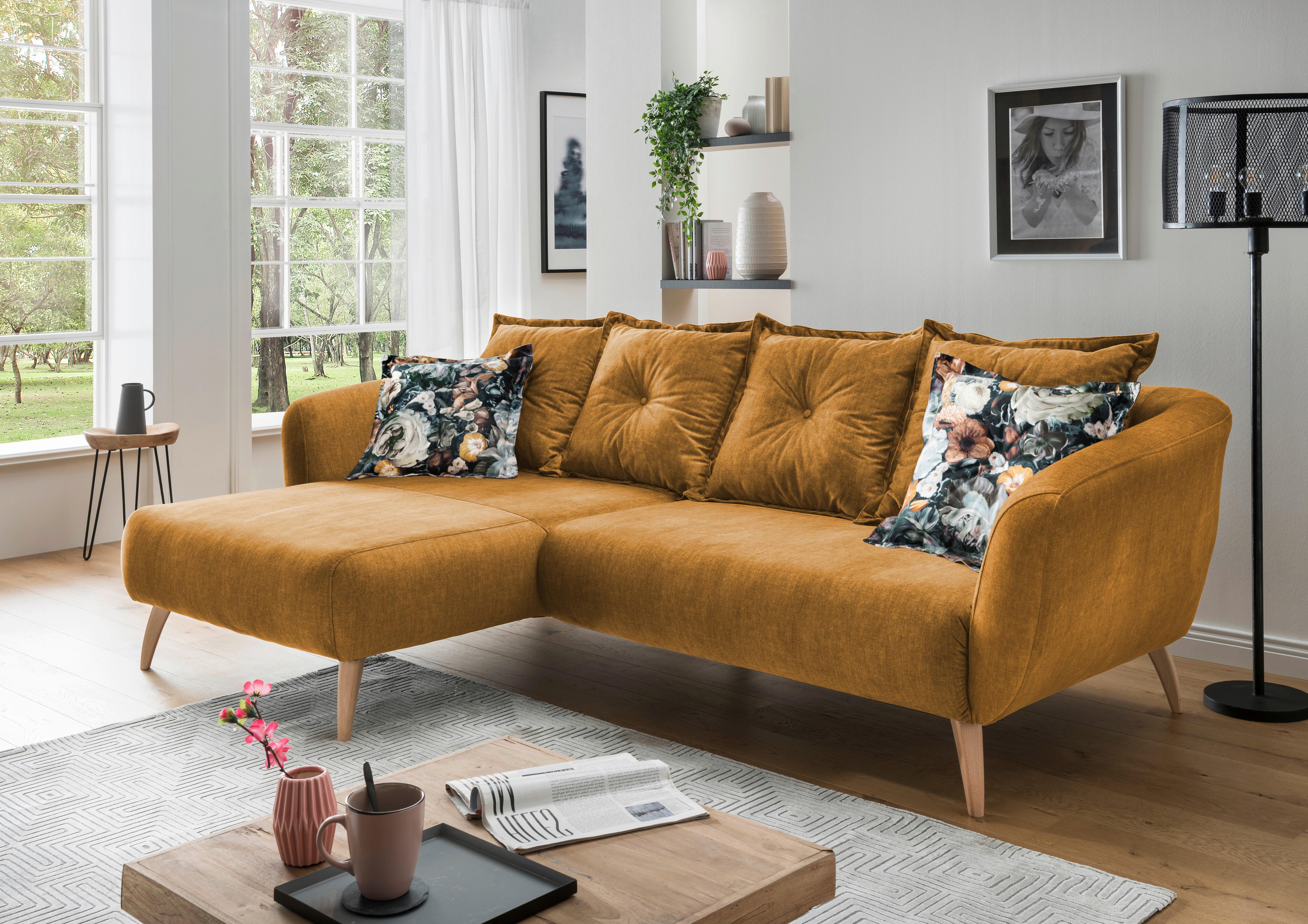Wohnlandschaft Baggio Gelb Velours - Gelb/Buchefarben, MODERN, Holz/Textil (162/277cm) - Livetastic