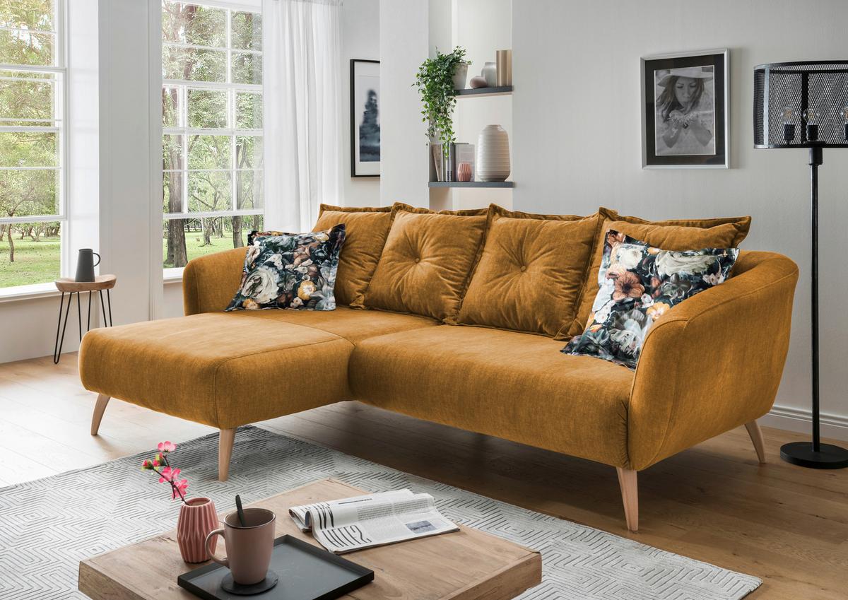 Wohnlandschaft Baggio Gelb Velours - Gelb/Buchefarben, MODERN, Holz/Textil (162/277cm) - Livetastic