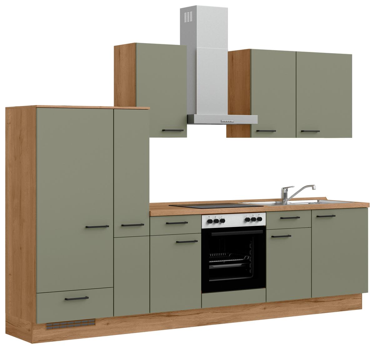 Küchenleerblock Senso Low o. Geräte Olivgrün - Eichefarben/Schwarz, MODERN, Holzwerkstoff/Metall (300cm) - Nobilia