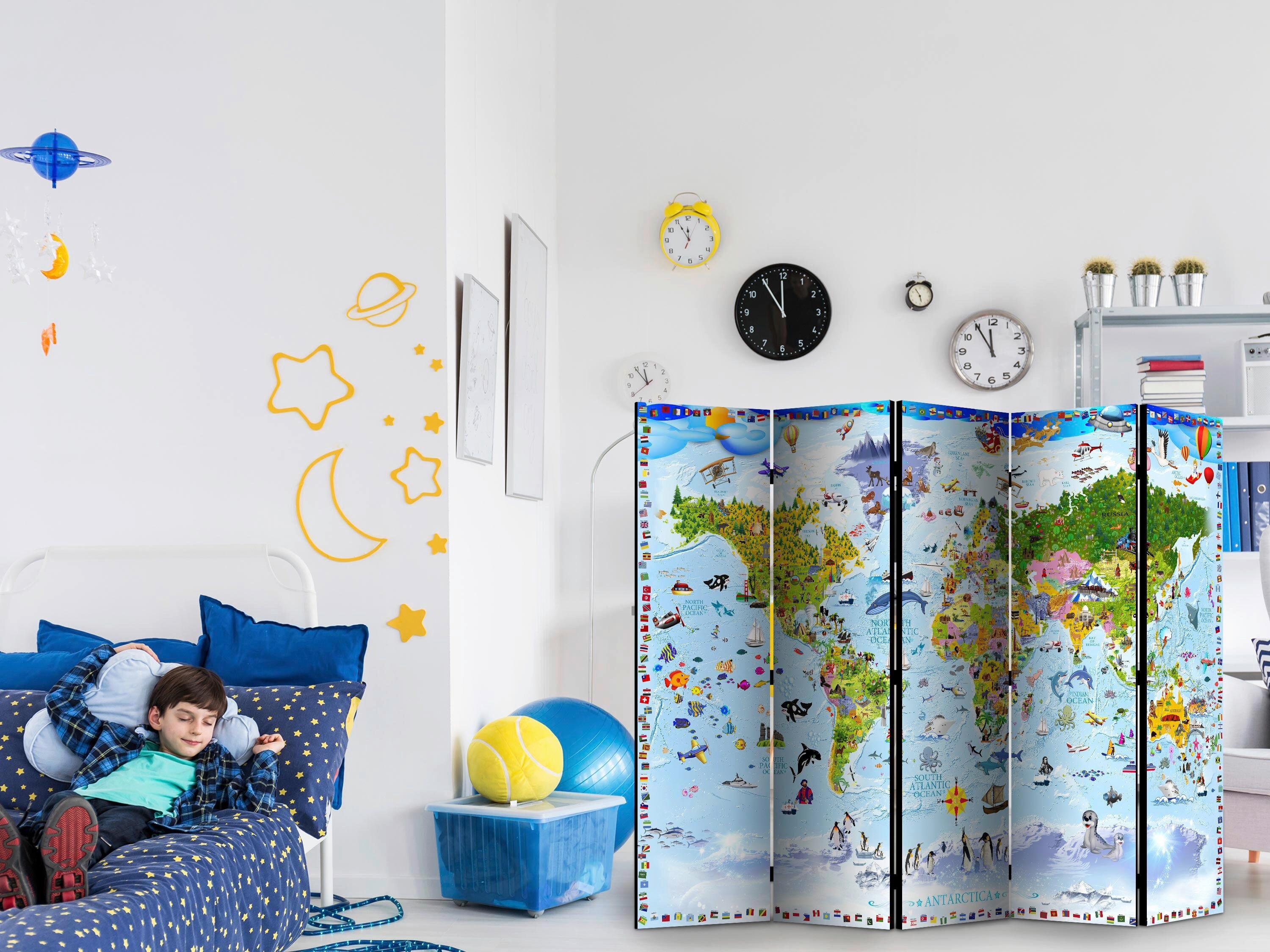 Paravan World Map For Kids, 5-Delni, Akustičen - večbarvno, Basics, umetna masa/tekstil (225/172/3cm) - artgeist