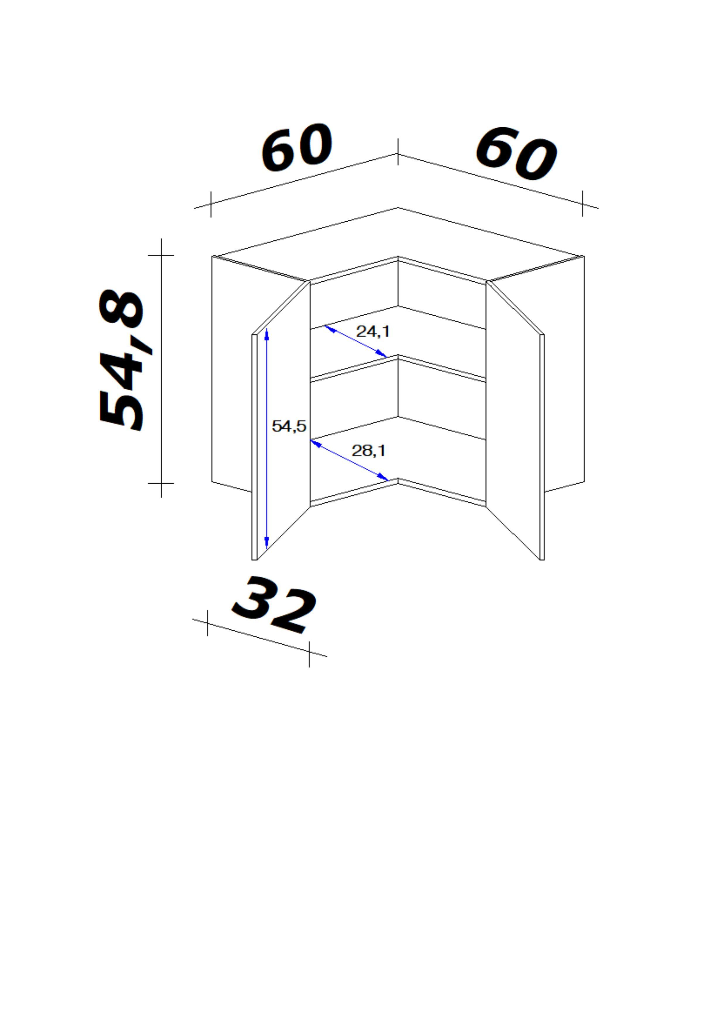 Eckoberschrank Weiß Hochglanz/Eiche - Edelstahlfarben/Weiß Hochglanz, MODERN, Holzwerkstoff/Metall (60/54/60cm) - FlexWell