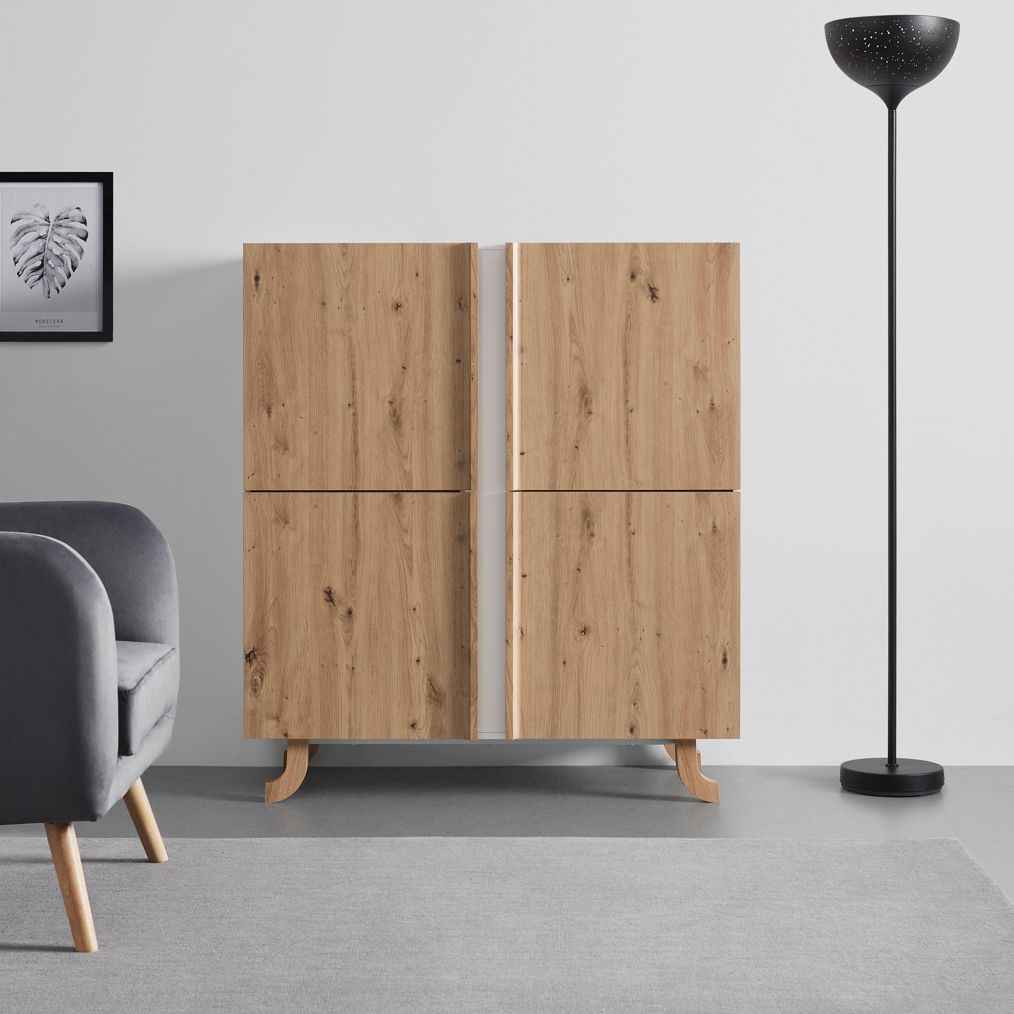 Highboard Vira Weiß/Kiefer Echtholz/MDF - Weiß/Kieferfarben, MODERN, Holz (110/125/43cm) - Bessagi Home