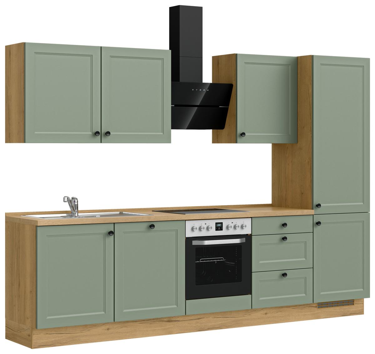 Küchenblock Cascada High m. Geräten Schilfgrün - Schilfgrün/Eichefarben, MODERN, Holzwerkstoff/Metall (300cm) - Nobilia