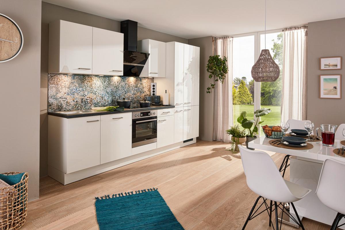 Küchenblock IP4050 o. Geräte Weiß Hochglanz - Edelstahlfarben/Weiß Hochglanz, MODERN, Holzwerkstoff/Metall (310cm) - Impuls