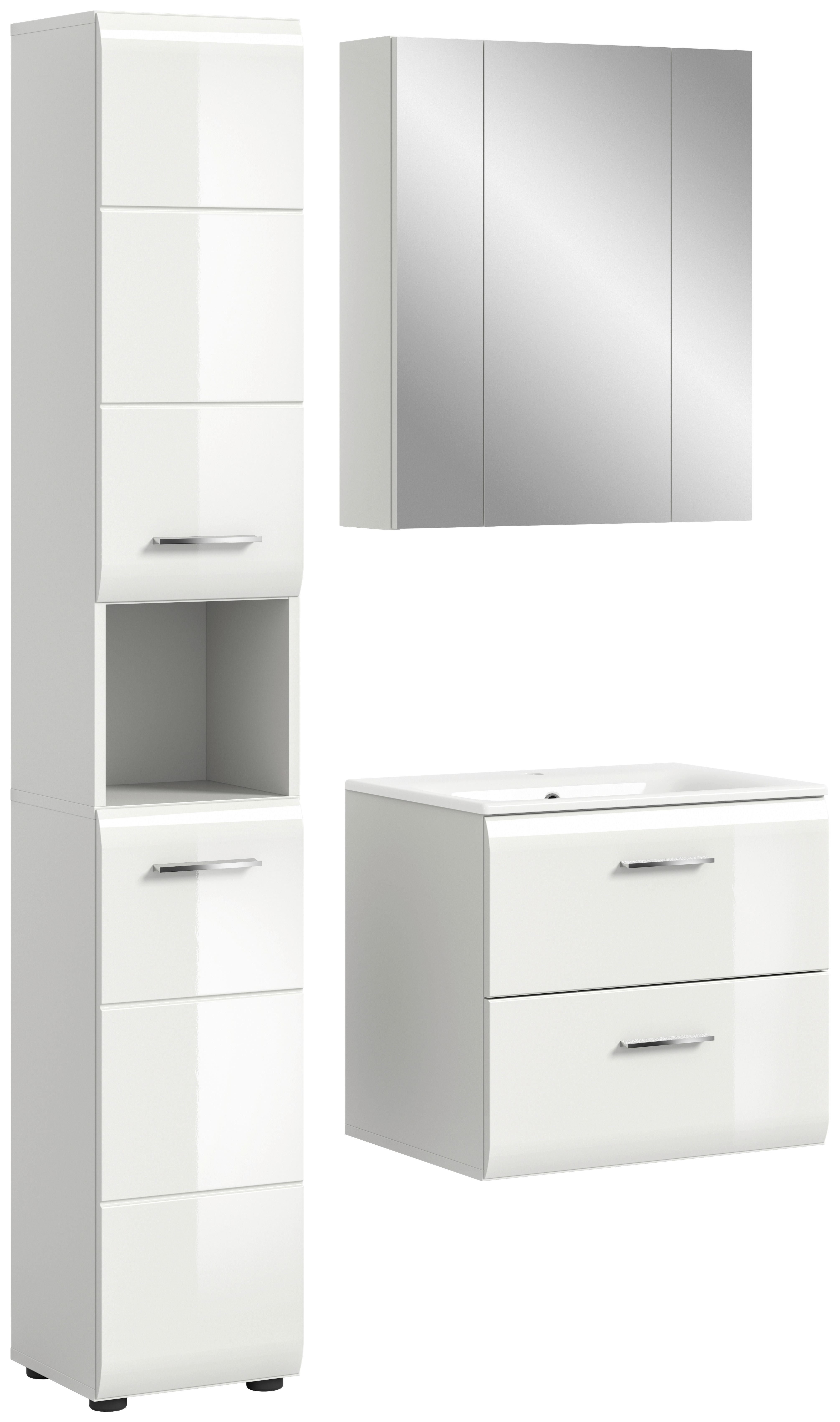 Badezimmer Ice 3-tlg. ca. 90 cm Weiß - Weiß Hochglanz/Silberfarben, MODERN, Keramik/Holzwerkstoff (90cm) - MID.YOU