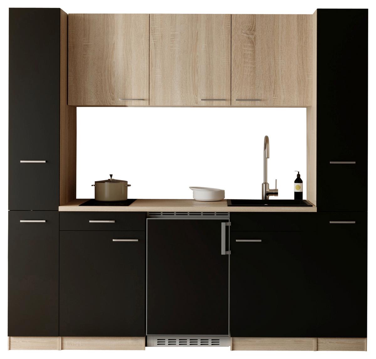 Küchenblock Ingrid m. Geräten Schwarz - Eichefarben/Schwarz, Design, Holzwerkstoff/Kunststoff (210cm) - Respekta