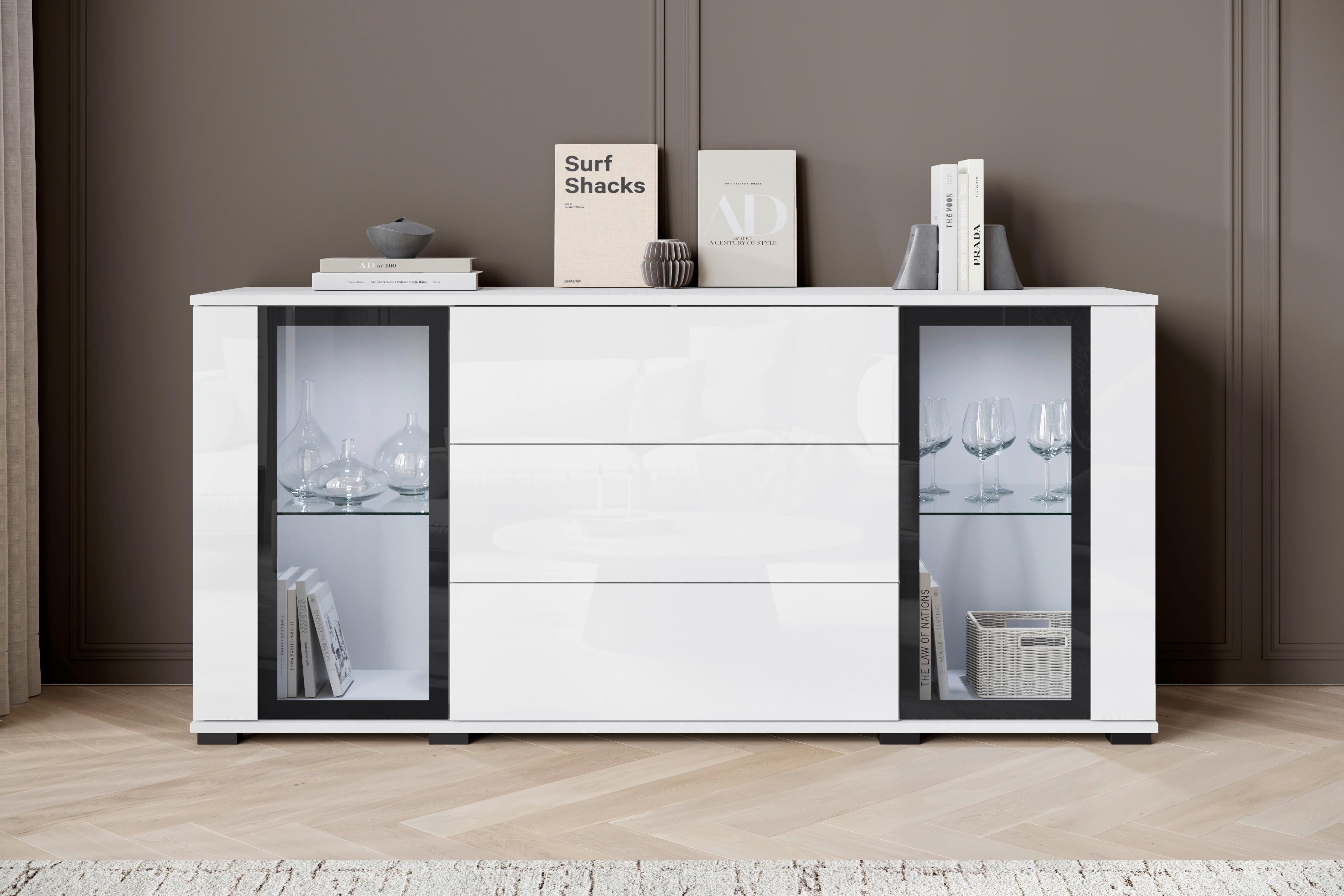 Komoda Caro, Bela, Visoki Sijaj - črna/bela, Design, umetna masa/steklo (150/69,7/39,5cm) - Livetastic