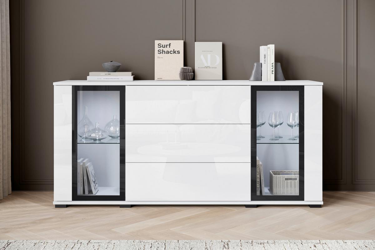 Komoda Caro, Bela, Visoki Sijaj - črna/bela, Design, umetna masa/steklo (150/69,7/39,5cm) - Livetastic