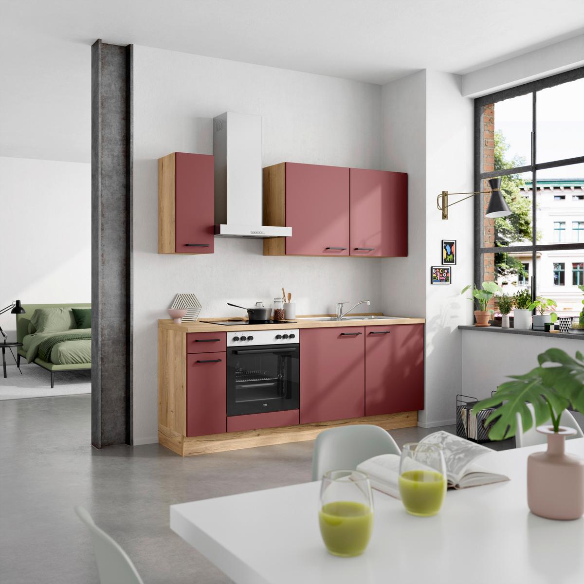 Küchenblock Easytouch Low m. Geräten Dunkelrot - Eichefarben/Schwarz, MODERN, Holzwerkstoff/Metall (210cm) - Nobilia