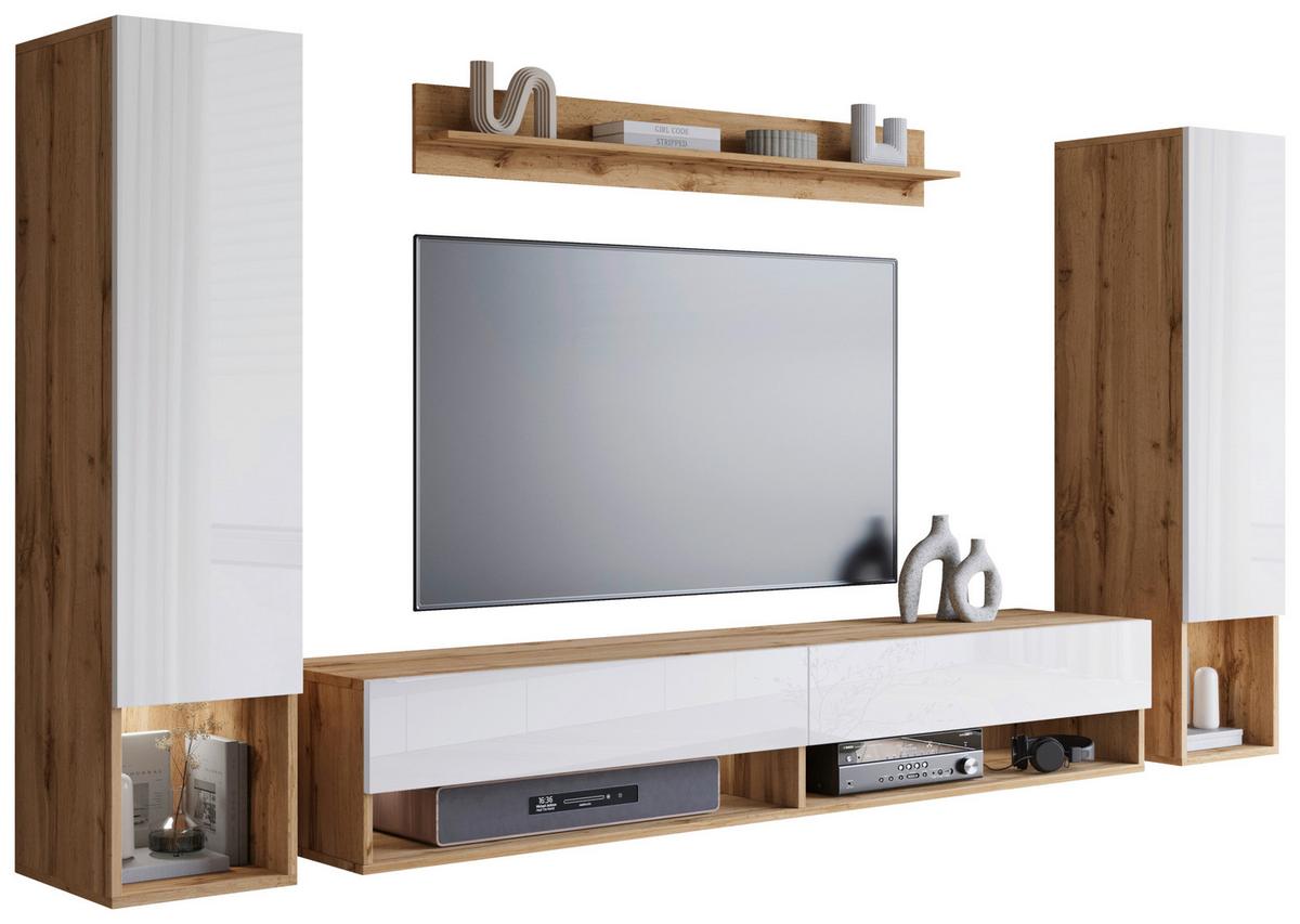 Wohnwand Amadeo Eiche Wotan/Weiß Hochglanz - Weiß Hochglanz/Eiche Wotan, Basics, Holzwerkstoff (245/130/32cm) - P & B