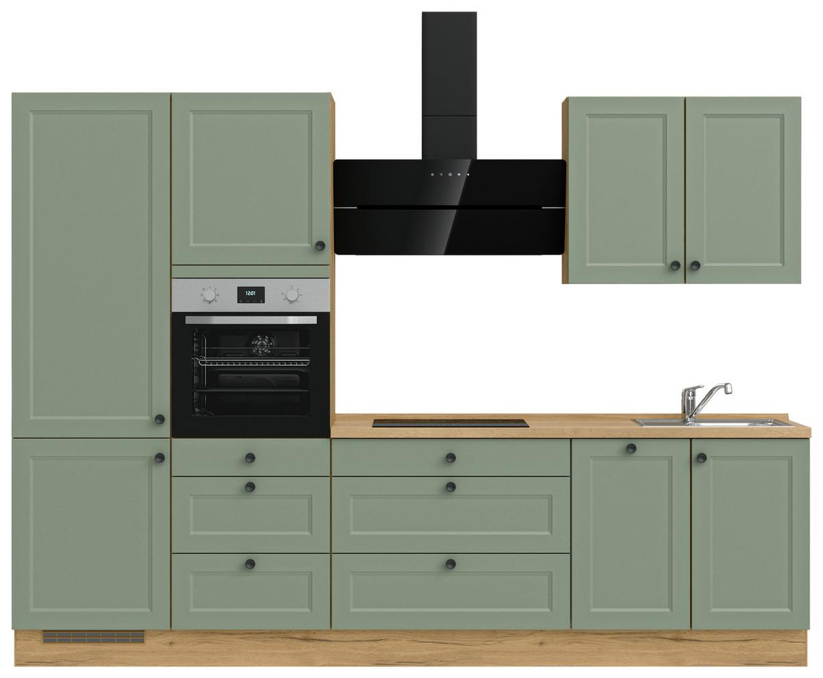 Küchenblock Cascada High m. Geräten Schilfgrün - Schilfgrün/Eichefarben, MODERN, Holzwerkstoff/Metall (300cm) - Nobilia