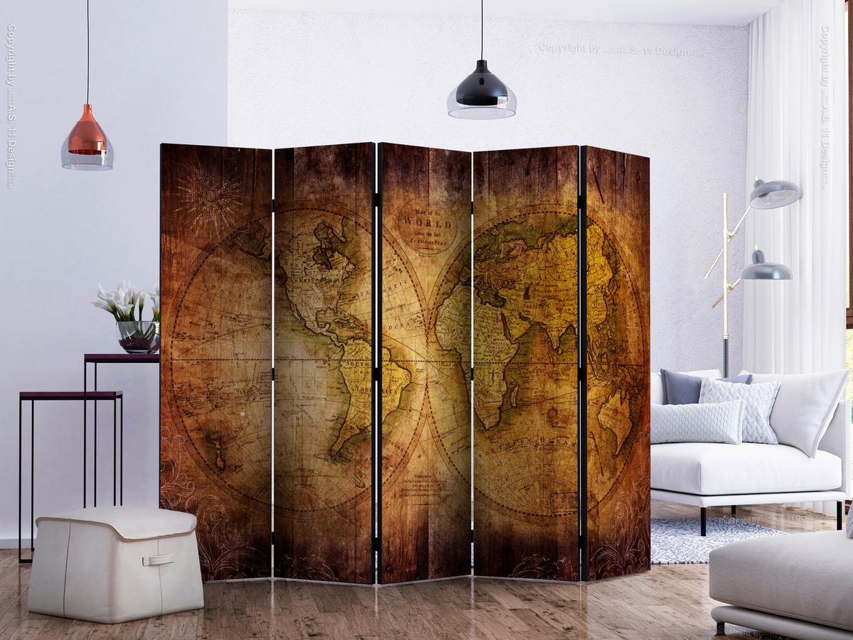 Paravan Old World Map, 5-Delni, Dvostranski - barve konjaka/rjava, Basics, tekstil/les (225/172/3cm) - artgeist