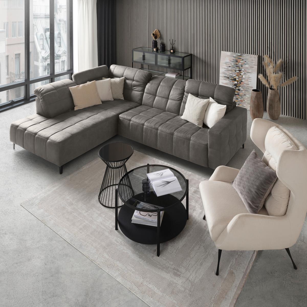 Ecksofa Panama links Greige - Greige/Schwarz, KONVENTIONELL, Textil/Metall (216/89-102/304cm) - Premium Living