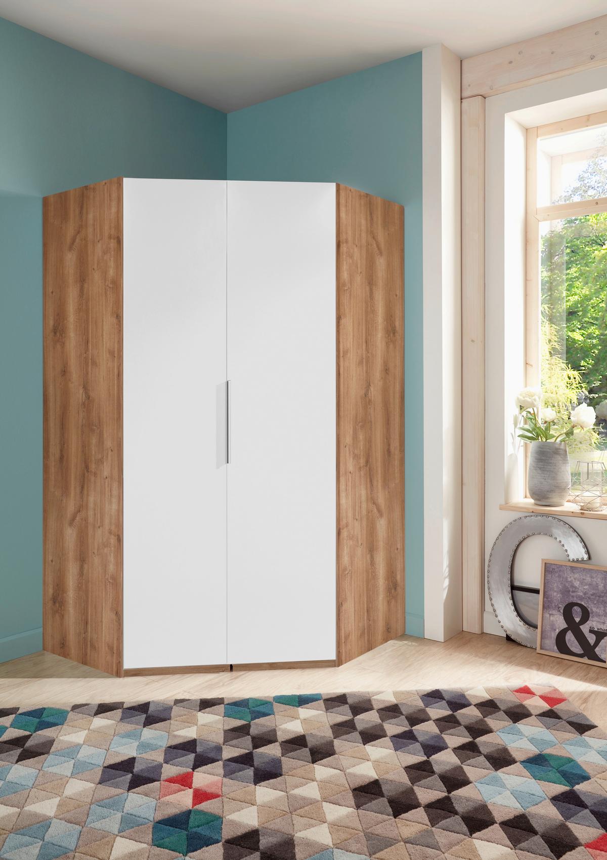 Eckschrank Level 36A Weiß/Eichefarben - Chromfarben/Eichefarben, KONVENTIONELL, Holzwerkstoff (120/236/120cm) - Premium Living