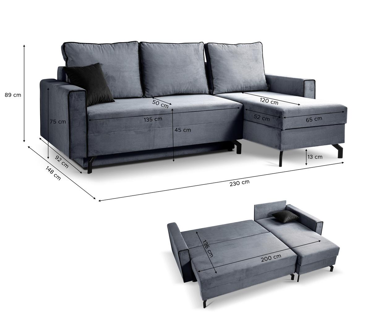 Ecksofa Marti Blaugrau mit Schlaffunktion - Blaugrau/Schwarz, Basics, Holz/Textil (230/148cm) - MID.YOU