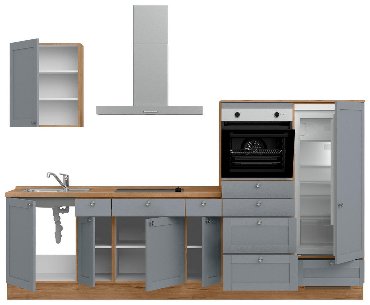 Küchenleerblock Frame Low o. Geräte Blaugrau - Edelstahlfarben/Eichefarben, MODERN, Holzwerkstoff/Metall (300cm) - Nobilia