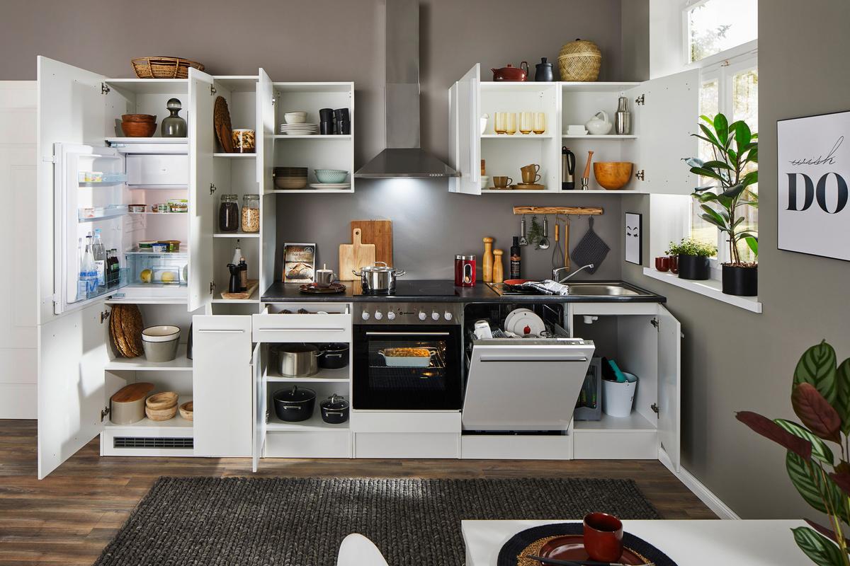 Küchenblock Jazz mit Geräten ca.310cm Weiß Hochglanz - Weiß Hochglanz/Dunkelgrau, LIFESTYLE, Holzwerkstoff/Kunststoff (310cm) - P & B