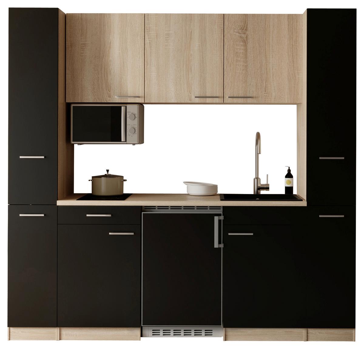 Küchenblock Ingrid m. Geräten Schwarz - Eichefarben/Schwarz, Design, Holzwerkstoff/Kunststoff (210cm) - Respekta