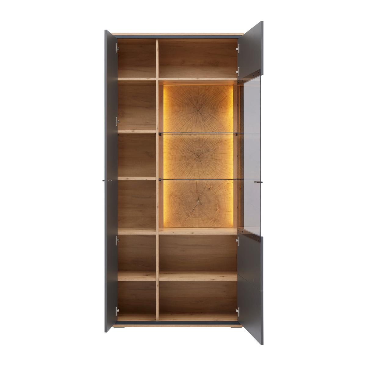 Vitrine Florenz Grau/Eiche Artisan - Schwarz/Eiche Artisan, MODERN, Glas/Holzwerkstoff (90,2/202,0/38cm) - Premium Living