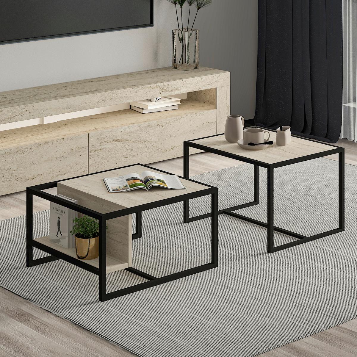 COUCHTISCHSET BATI COUCHTISCH - Beige/Schwarz, Design, Holzwerkstoff/Metall - Livetastic